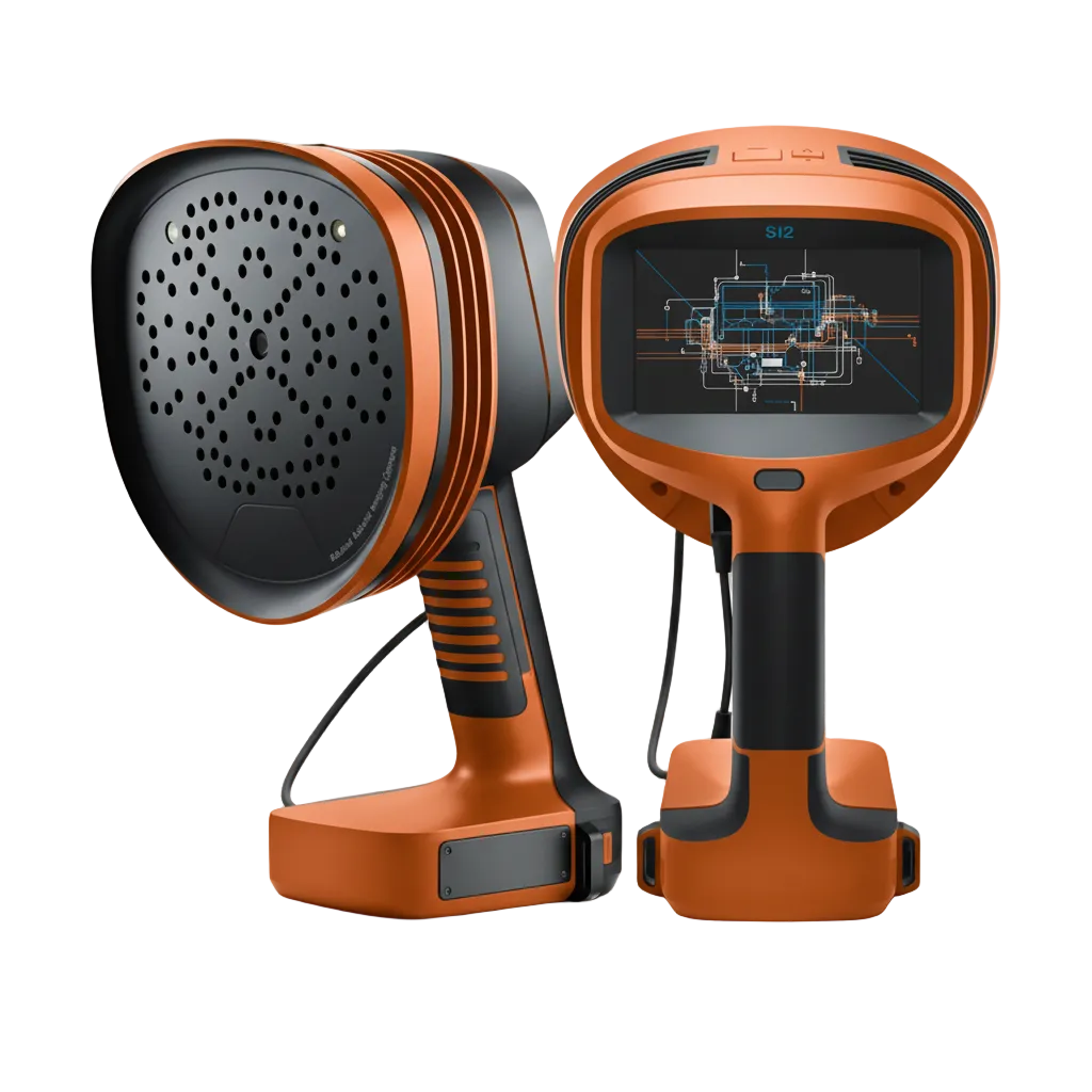 Orange and black handheld acoustic imaging camera with circular MEMS microphone array and color display