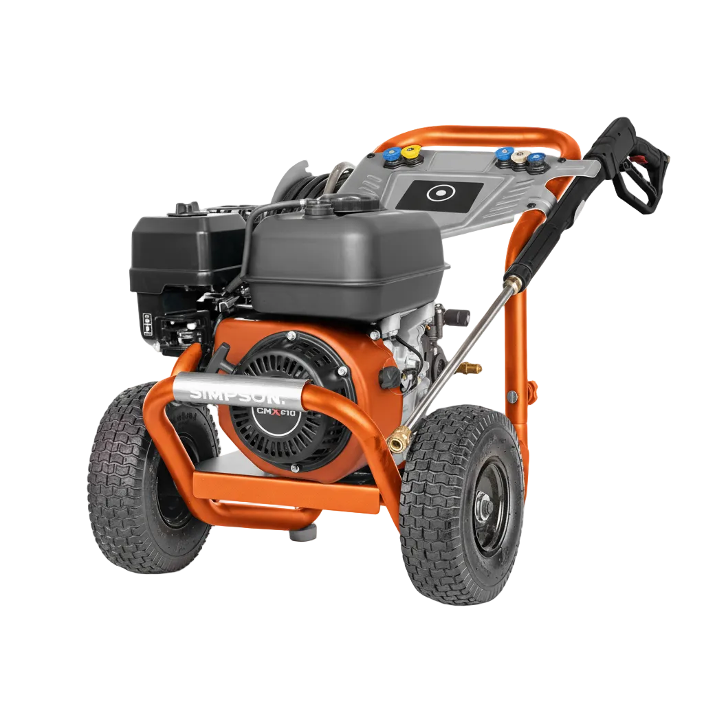 Gas-powered cold water pressure washer with orange roll cage and large pneumatic wheels
