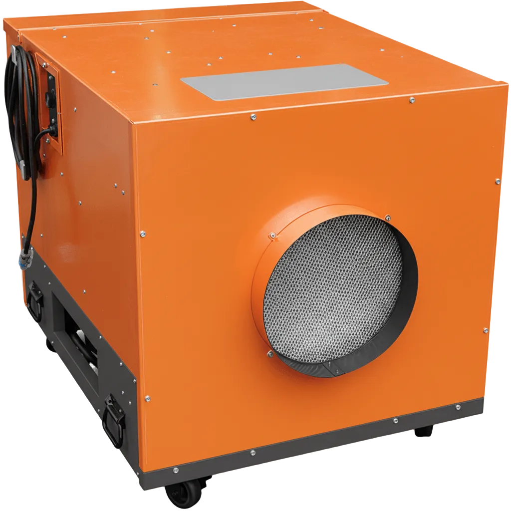 Orange portable commercial HEPA negative air scrubber on casters with circular intake