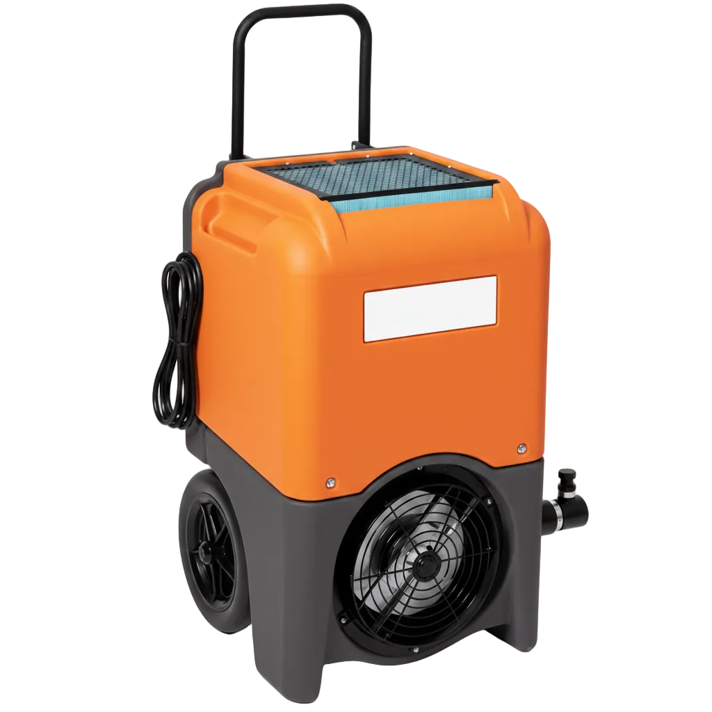 Compact orange and black commercial LGR dehumidifier with digital control panel, side vent grille, and recessed handles