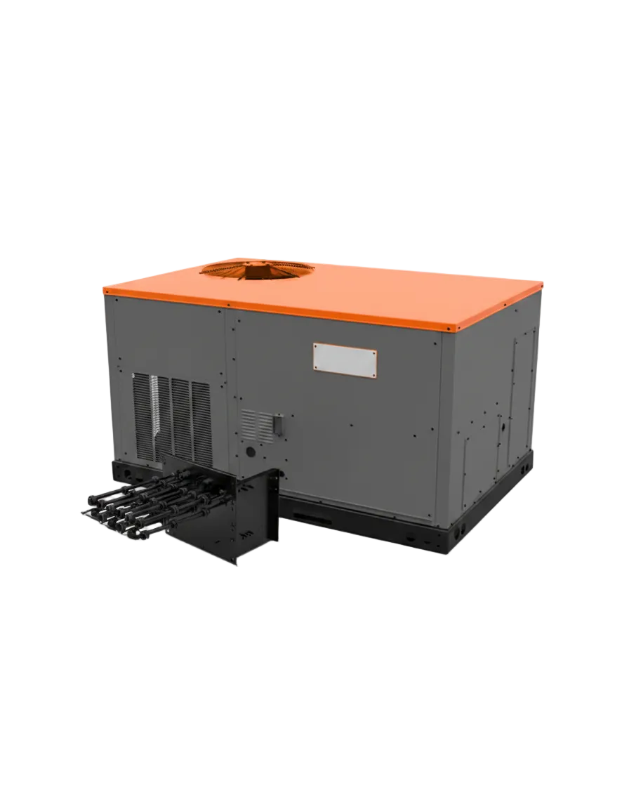 Commercial packaged rooftop air conditioning unit with weatherized cabinet and ductwork connections