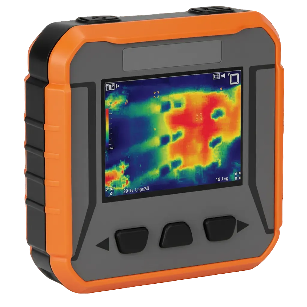 Compact orange and black pocket thermal imager showing color thermal image of electrical panel on integrated LCD