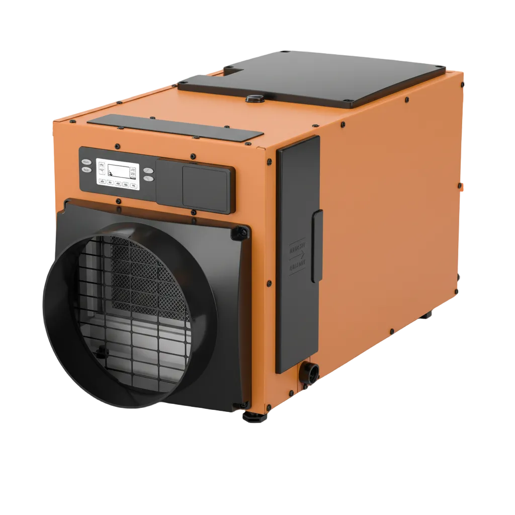 Orange and gray low-profile crawl space dehumidifier with front round duct collar and top-mounted control display