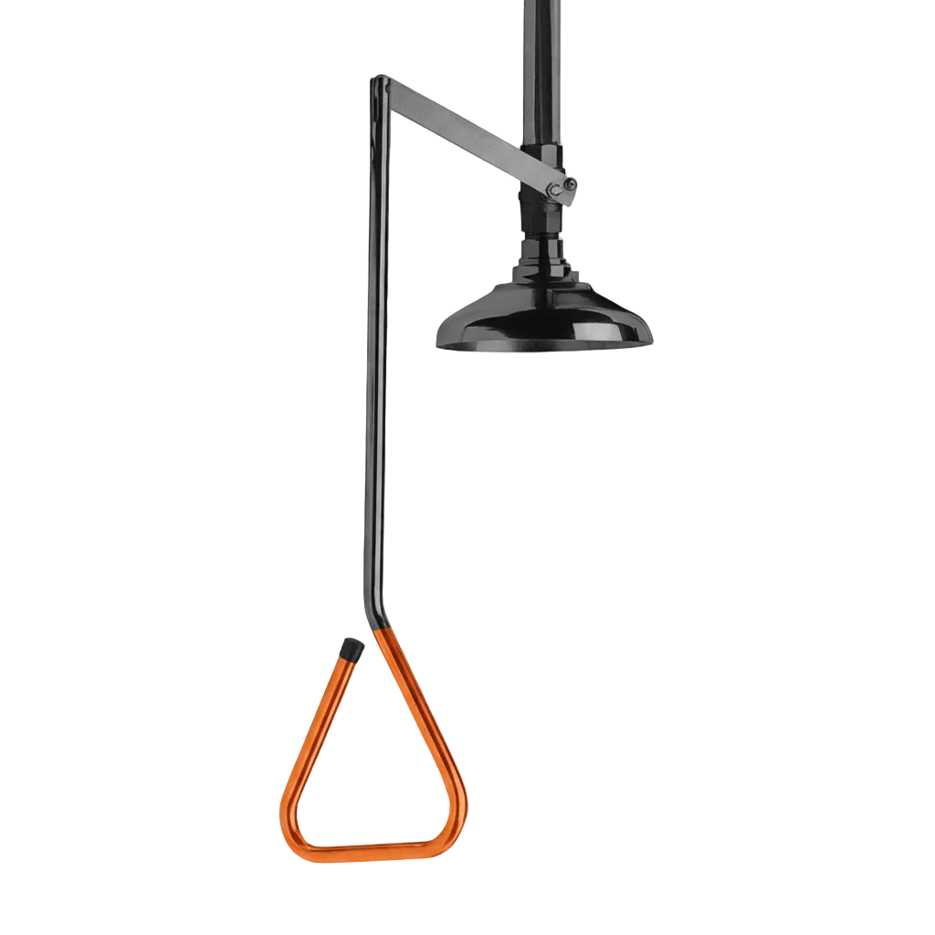 Ceiling-mounted deluge emergency safety shower with wide spray head and orange triangular pull rod