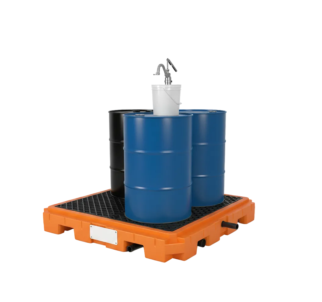 Orange polyethylene 4-drum spill containment pallet holding two blue 55-gallon drums with dispensing pump
