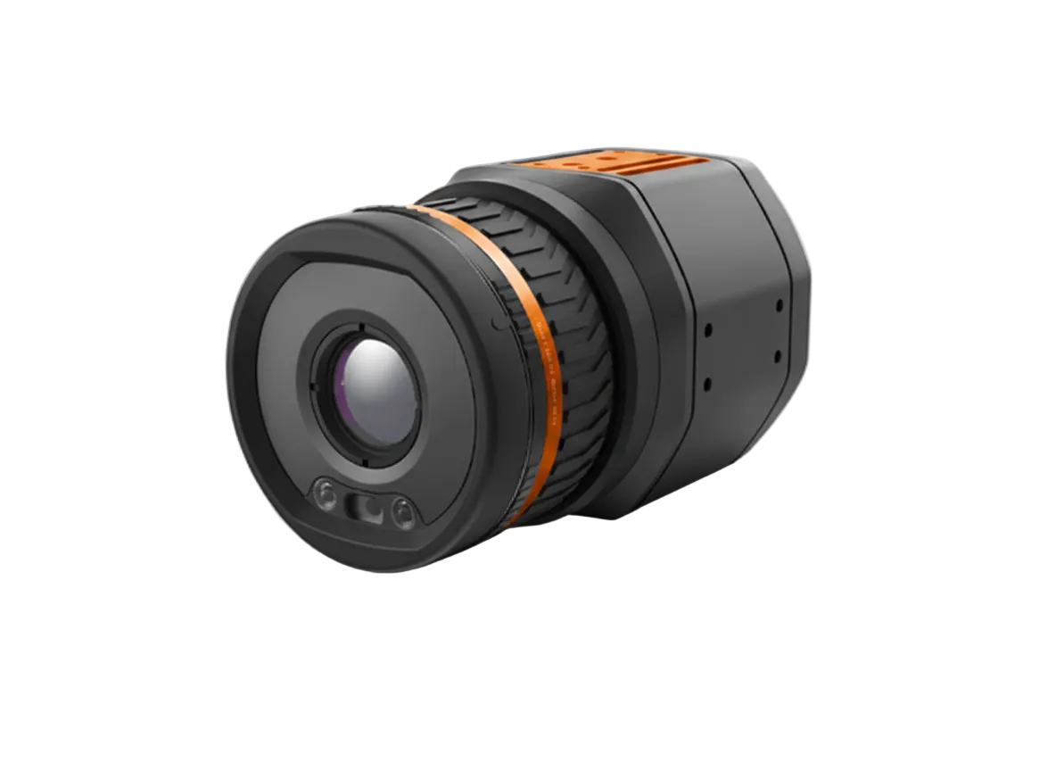 Cylindrical fixed IP thermal network camera with ridged lens hood and orange accent ring on transparent background