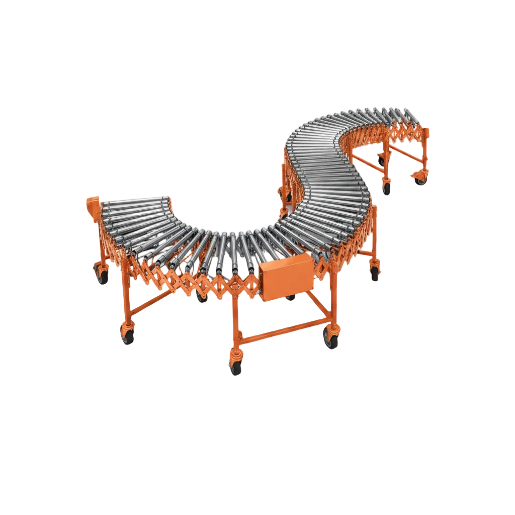 Orange flexible expandable roller conveyor on locking swivel casters in a curved S configuration