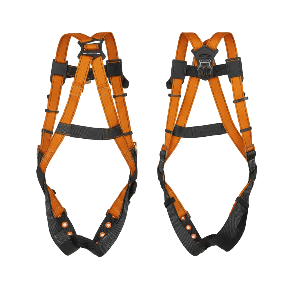 Pair of orange and black full-body safety harnesses with dorsal D-ring, chest strap, and adjustable leg buckles
