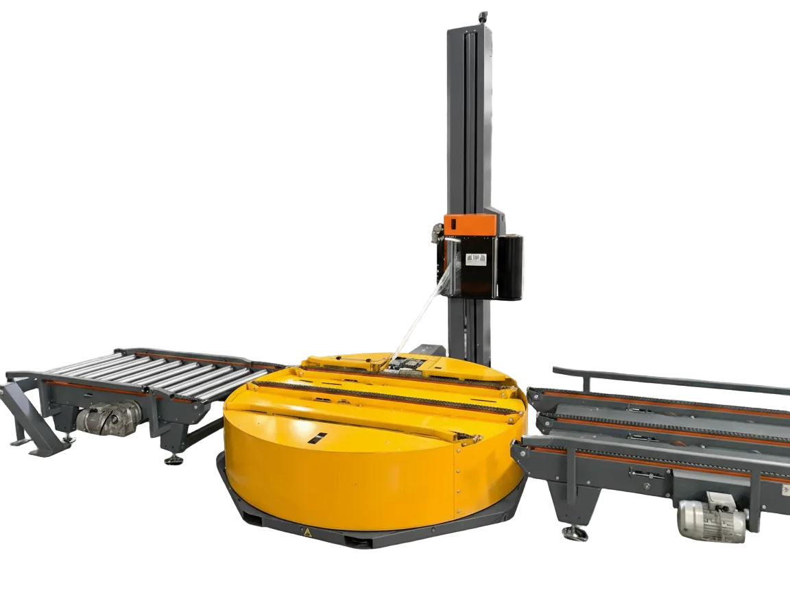 Fully automatic inline stretch wrapper with infeed and outfeed roller conveyors and turntable platform