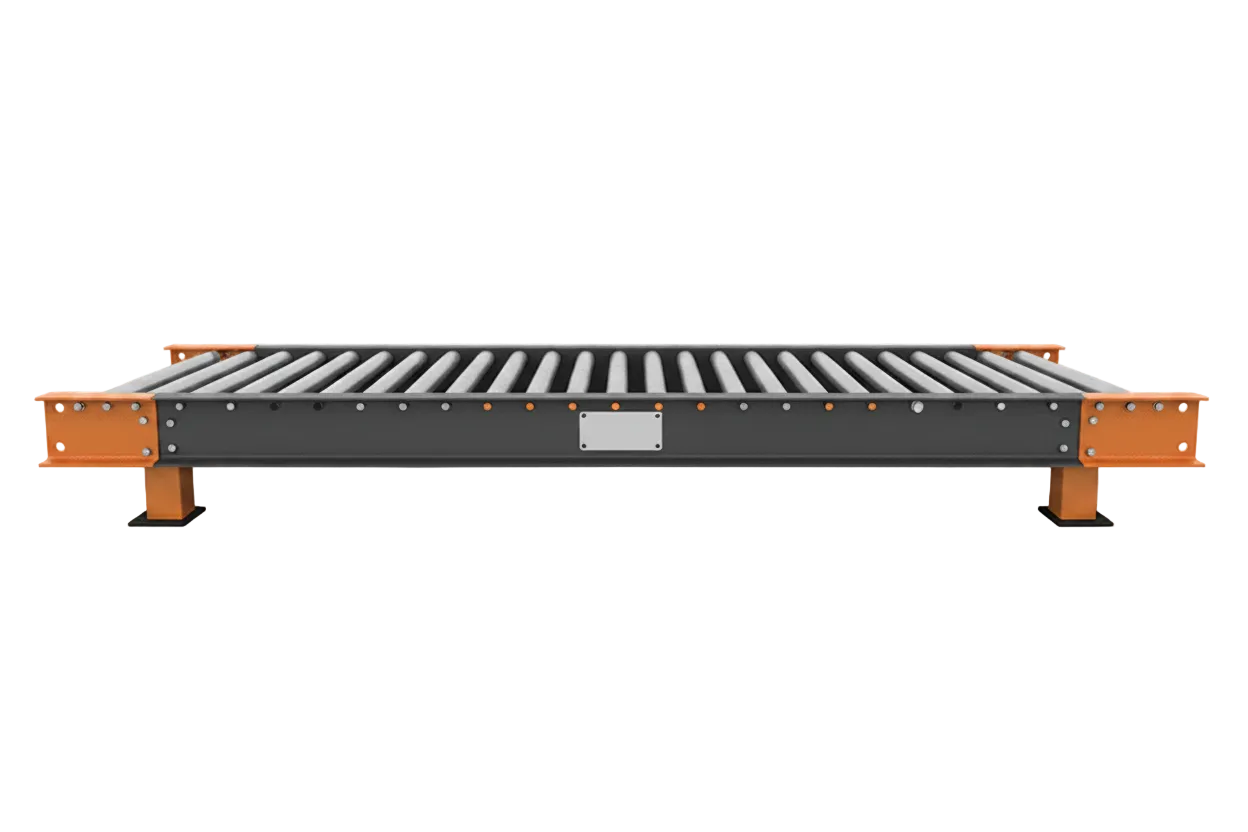 Heavy-duty gravity roller conveyor section with steel rollers and orange floor-mount supports