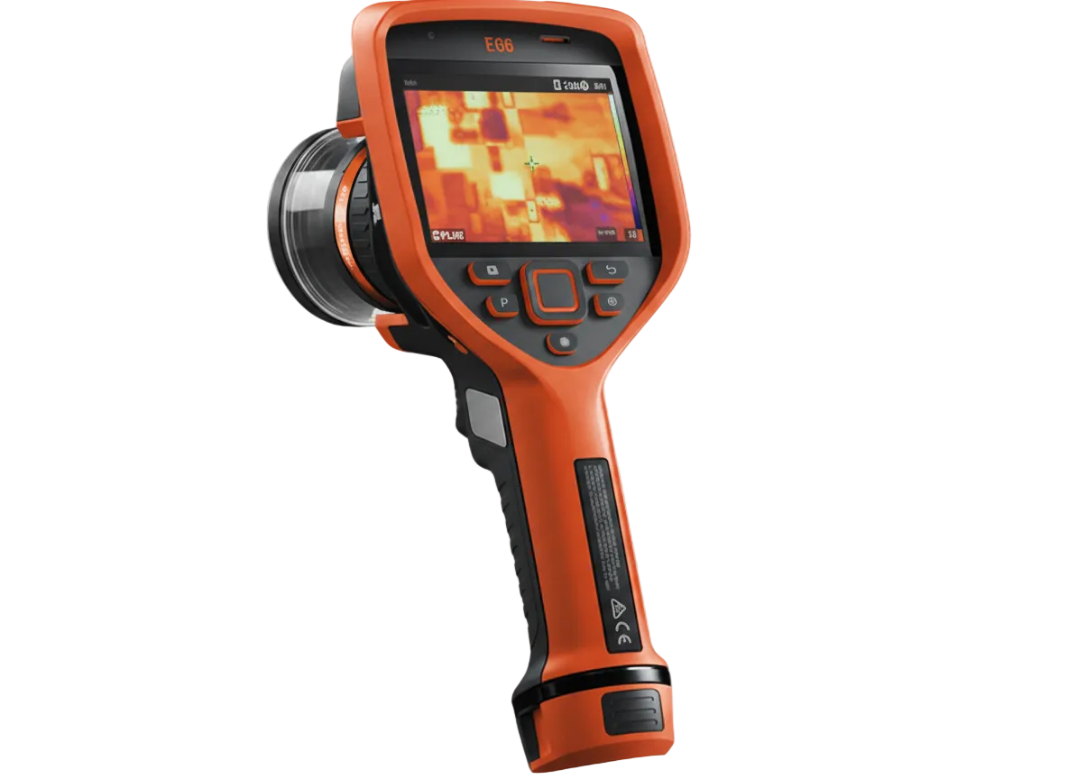 Orange and black pistol-grip handheld thermal imaging camera with large color display showing thermal scan