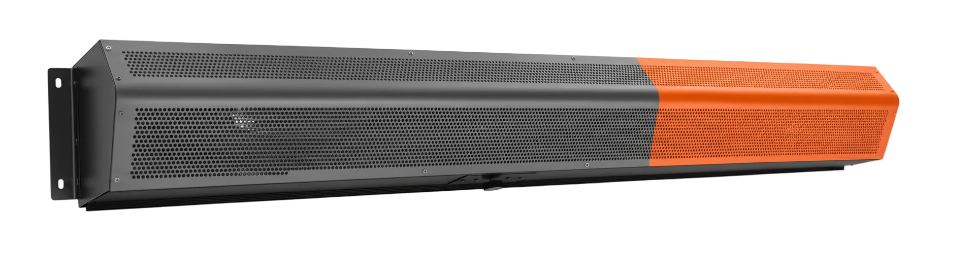 Heated commercial air curtain with perforated intake grille for doorway