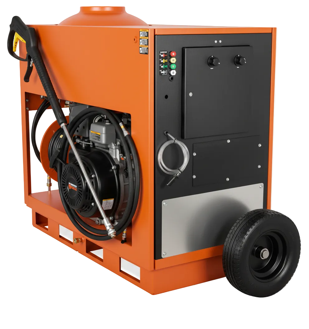 Orange enclosed-cabinet hot water pressure washer with onboard hose reel and pneumatic wheel