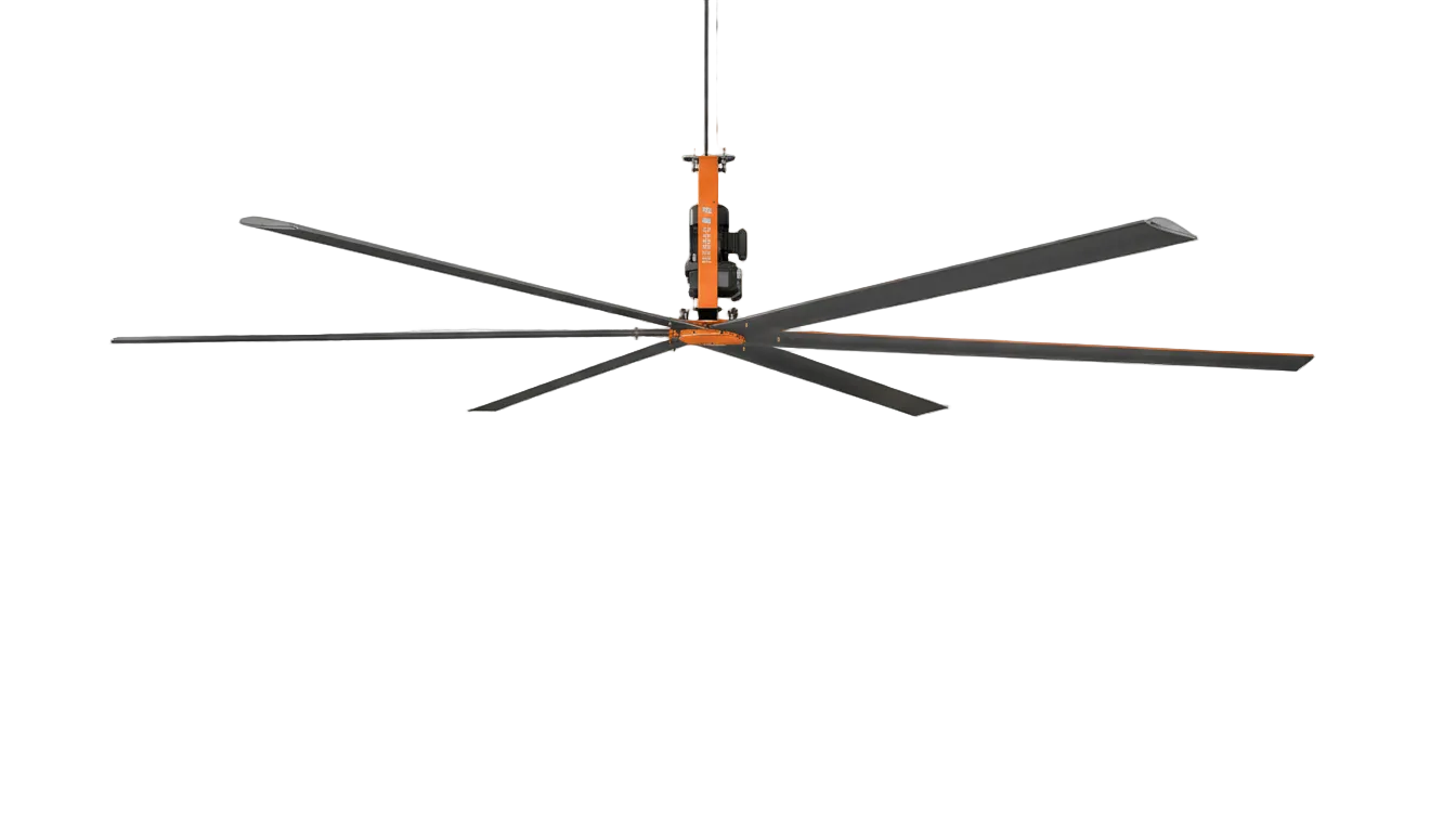 Large HVLS industrial ceiling fan with six airfoil blades suspended from overhead mount