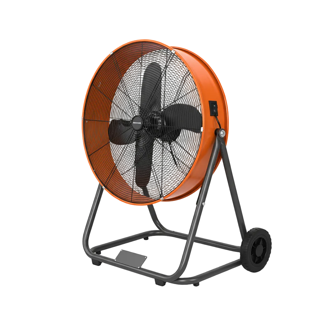 Industrial drum barrel fan in orange housing with tilt frame and wheels