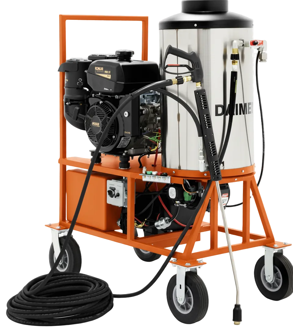 Industrial steam pressure washer on orange cart with stainless coil tank and four wheels