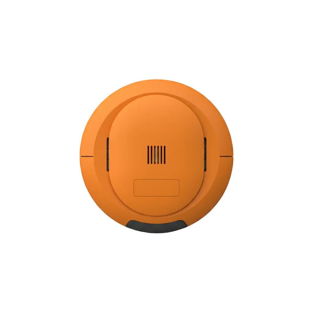 Round orange wireless leak and freeze combo detector with battery compartment