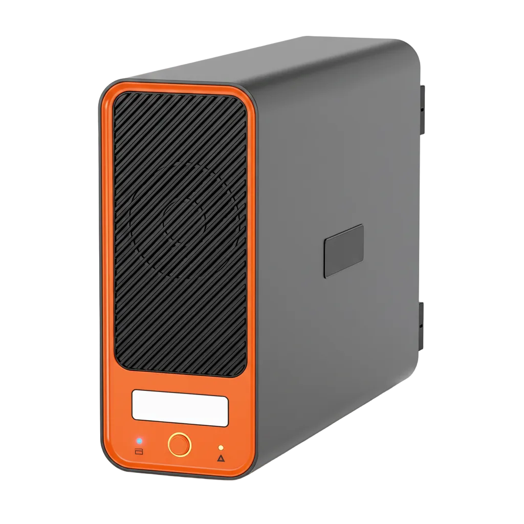 Compact lithium-ion UPS chassis in black and orange with front display panel