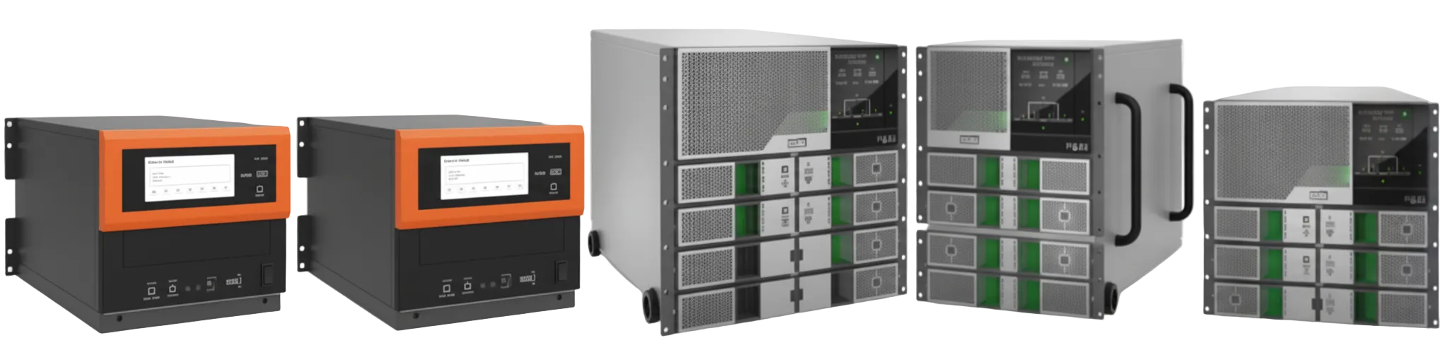 Lineup of modular UPS frames and external bypass cabinets in black and orange with green module indicators
