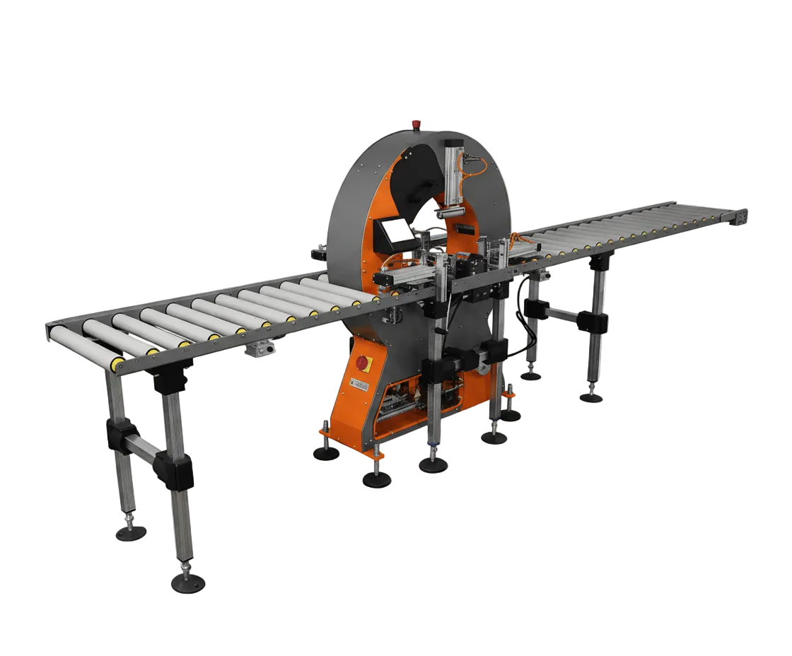 Orbital horizontal stretch wrapper with vertical rotating ring and infeed and outfeed roller conveyors