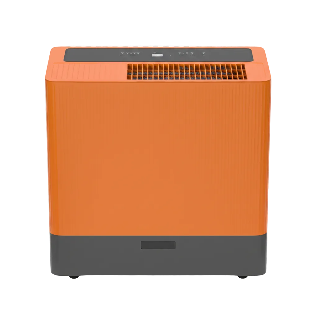 Compact orange and gray portable dehumidifier with top air vent and front intake grille