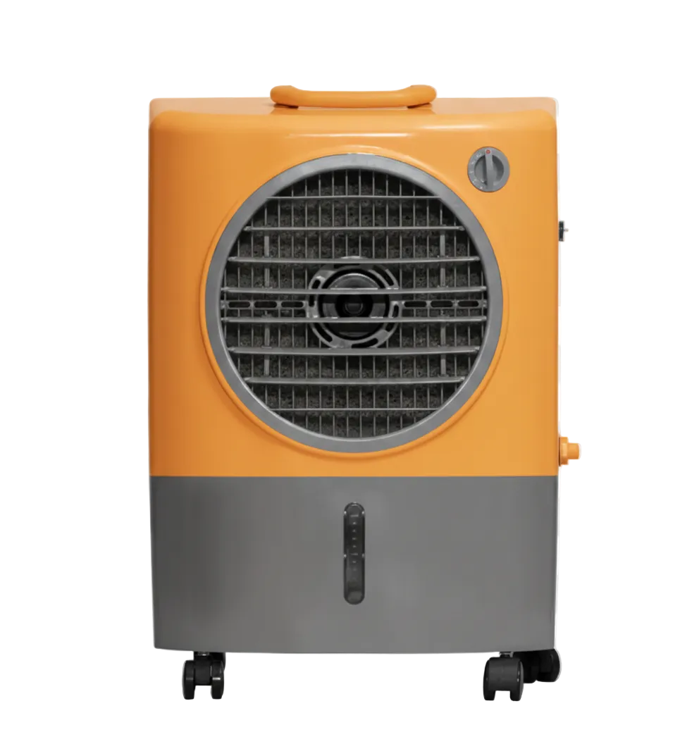 Orange portable evaporative swamp cooler with large front fan grille and rear water reservoir on casters