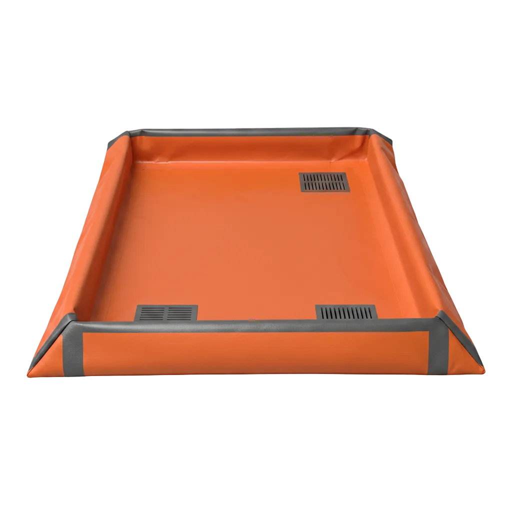 Orange portable spill containment berm with foam side walls and reinforced corners