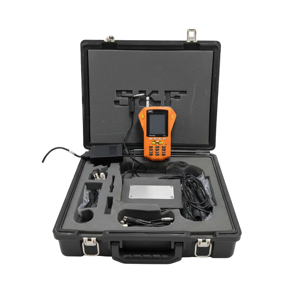 Portable handheld vibration analyzer with sensor and cables packed in foam-lined transport case