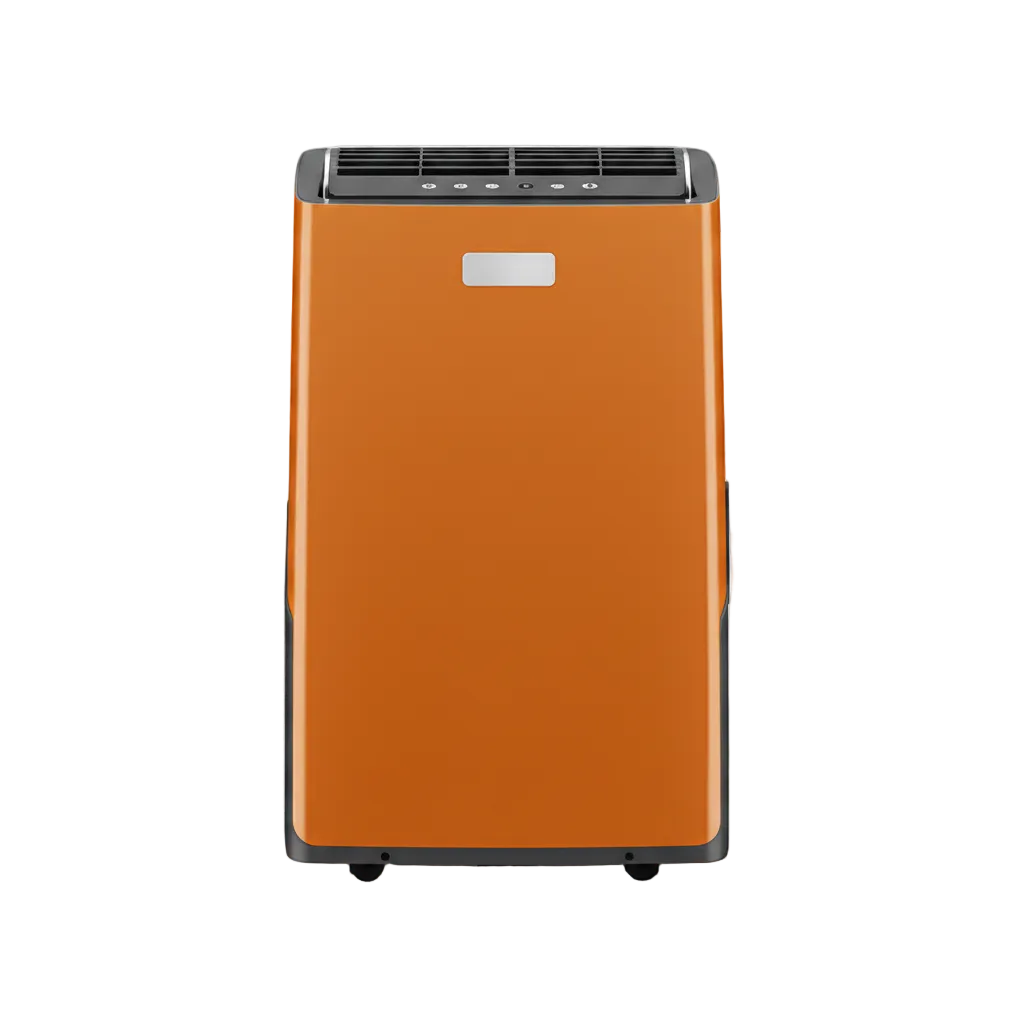 Orange and black residential portable air conditioner with top control panel and hidden caster base