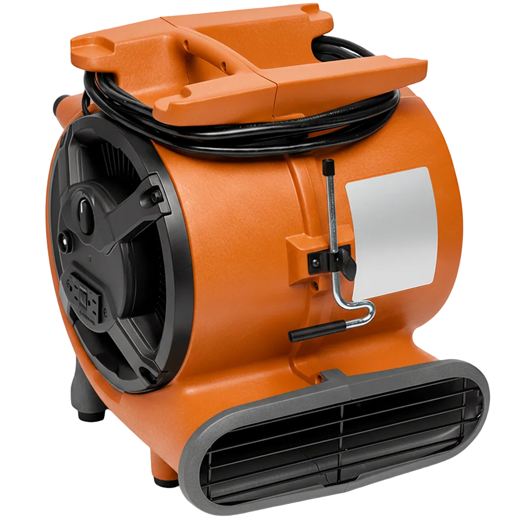 Orange restoration air mover blower with carry handle and angled airflow outlet