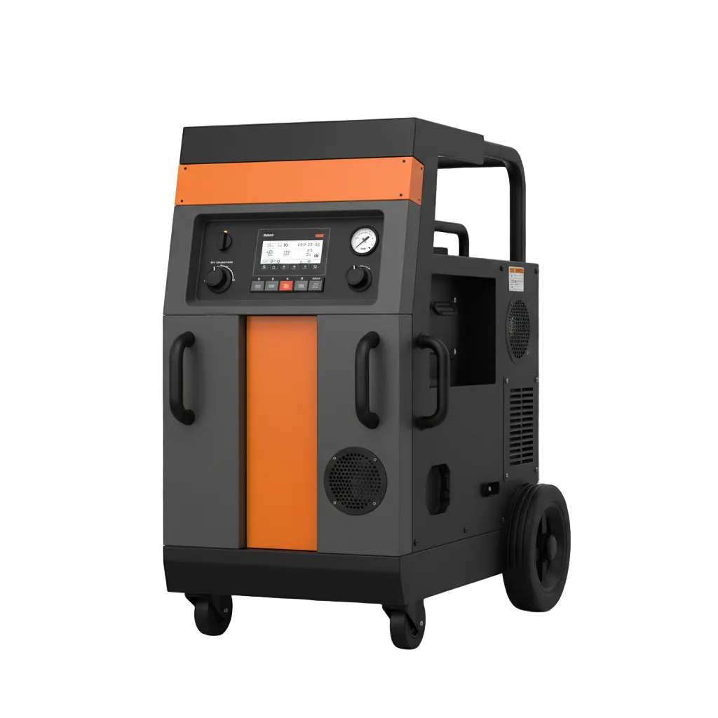 Orange and gray mobile dust containment barrier system with pressure gauge and casters