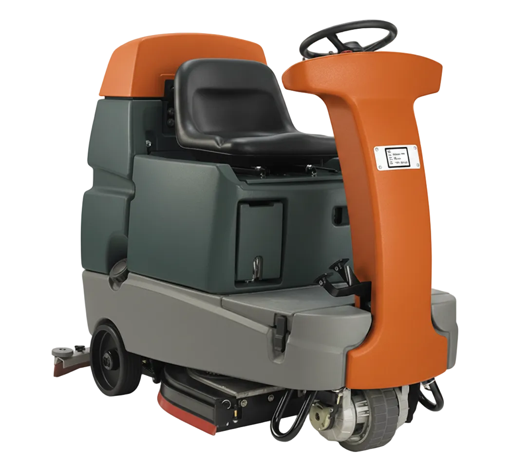 Orange and gray ride-on auto-scrubber with operator seat, steering wheel, and rear squeegee assembly