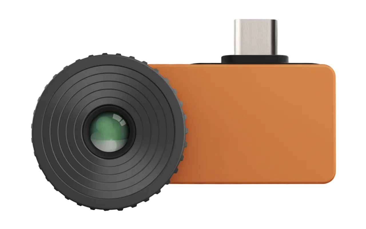 Compact orange smartphone thermal camera module with USB-C connector and large ridged thermal lens