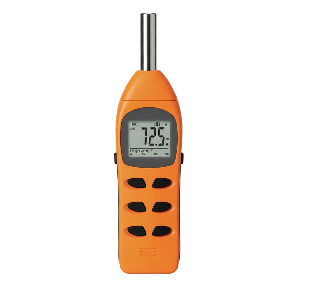 Orange handheld digital sound level meter with LCD readout showing decibel value and protruding microphone