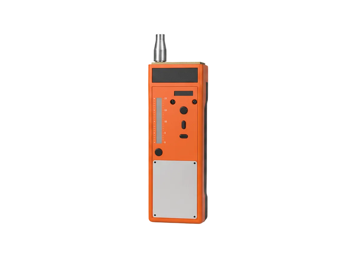 Orange handheld ultrasonic steam trap tester with stainless contact stinger probe and digital display