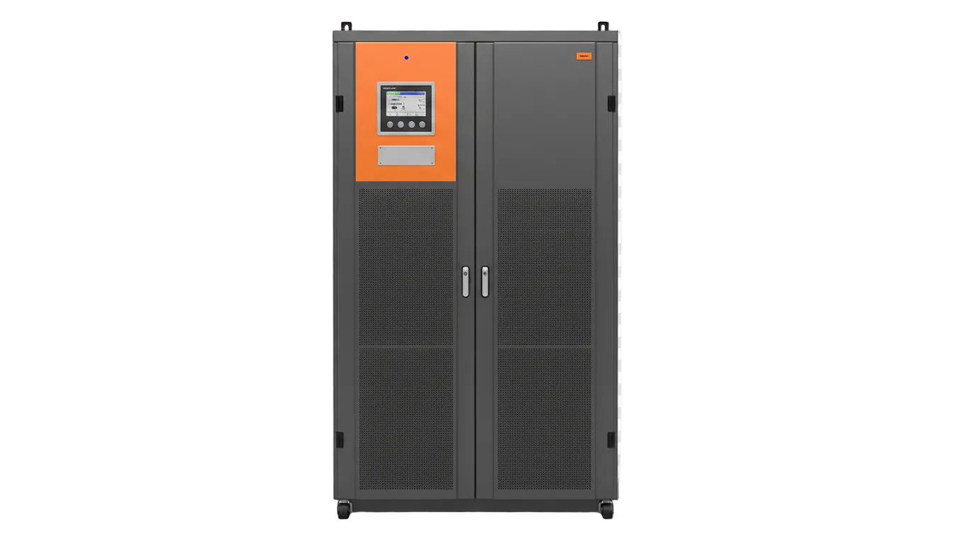 Tall three-phase industrial UPS cabinet in black with orange top panel and HMI touchscreen