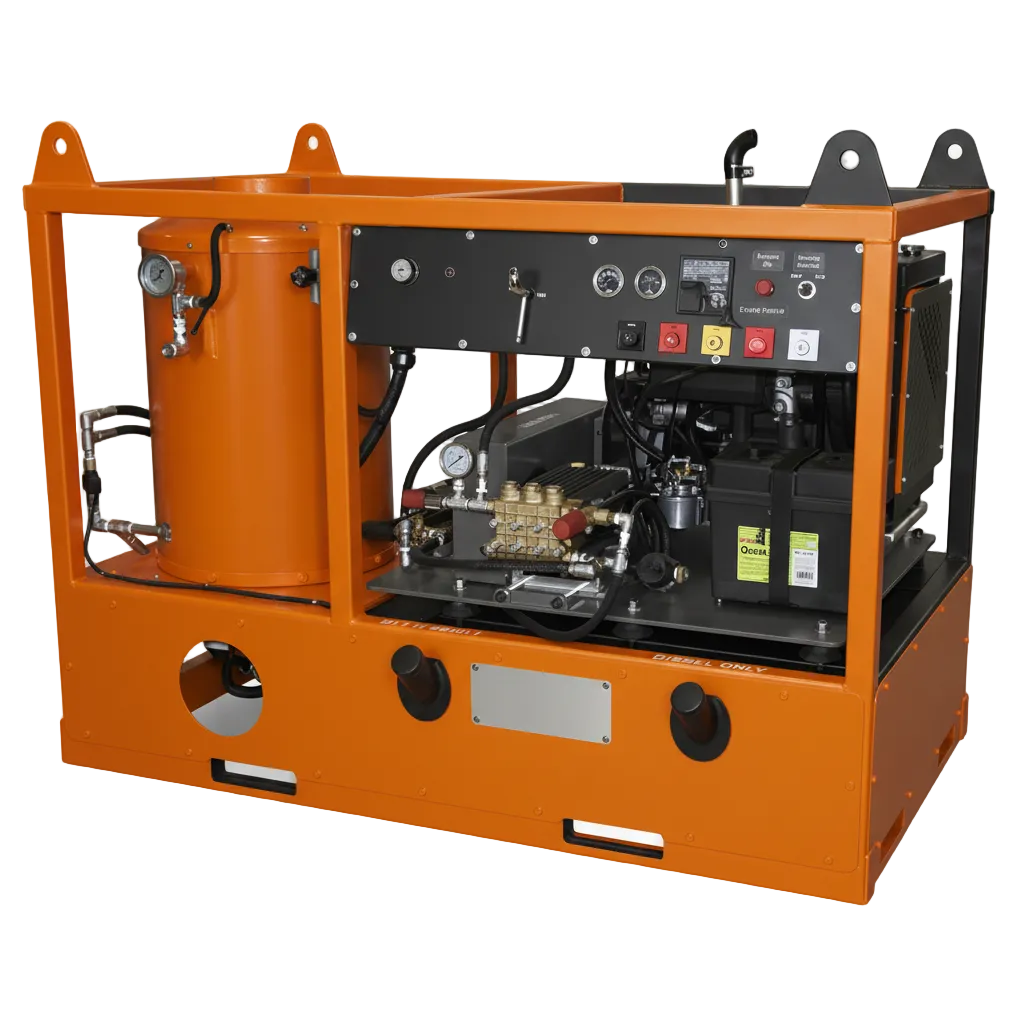 Trailer-mounted pressure washer skid system with control panel and orange steel frame