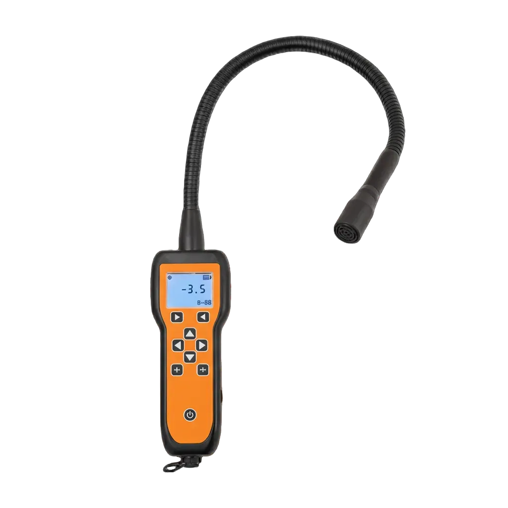 Handheld orange ultrasonic leak detector with flexible gooseneck probe and backlit display