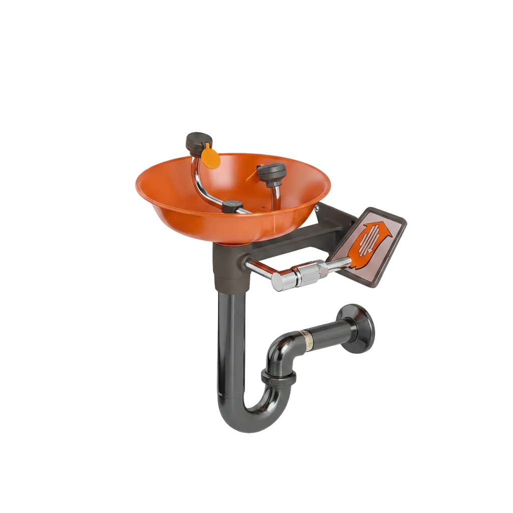 Wall-mounted plumbed eyewash station with safety orange receptor bowl, twin spray heads and flag-style push handle