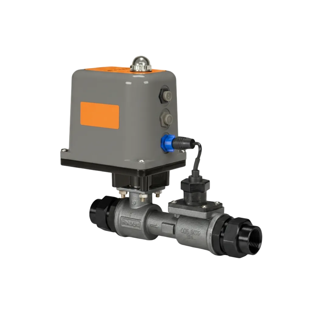 Whole home smart water monitor with motorized shutoff valve on stainless pipe