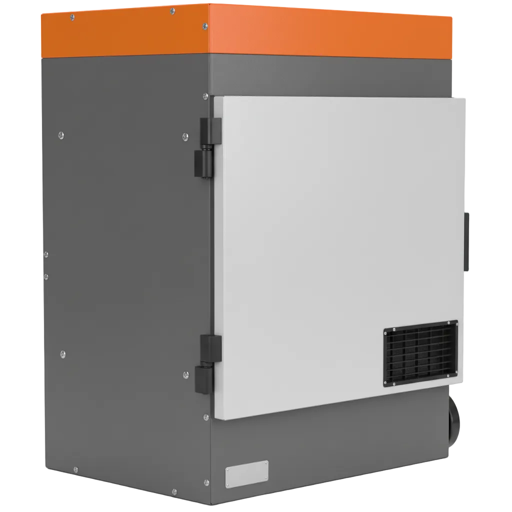 Gray and orange whole-house ducted HEPA filtration cabinet with hinged service door