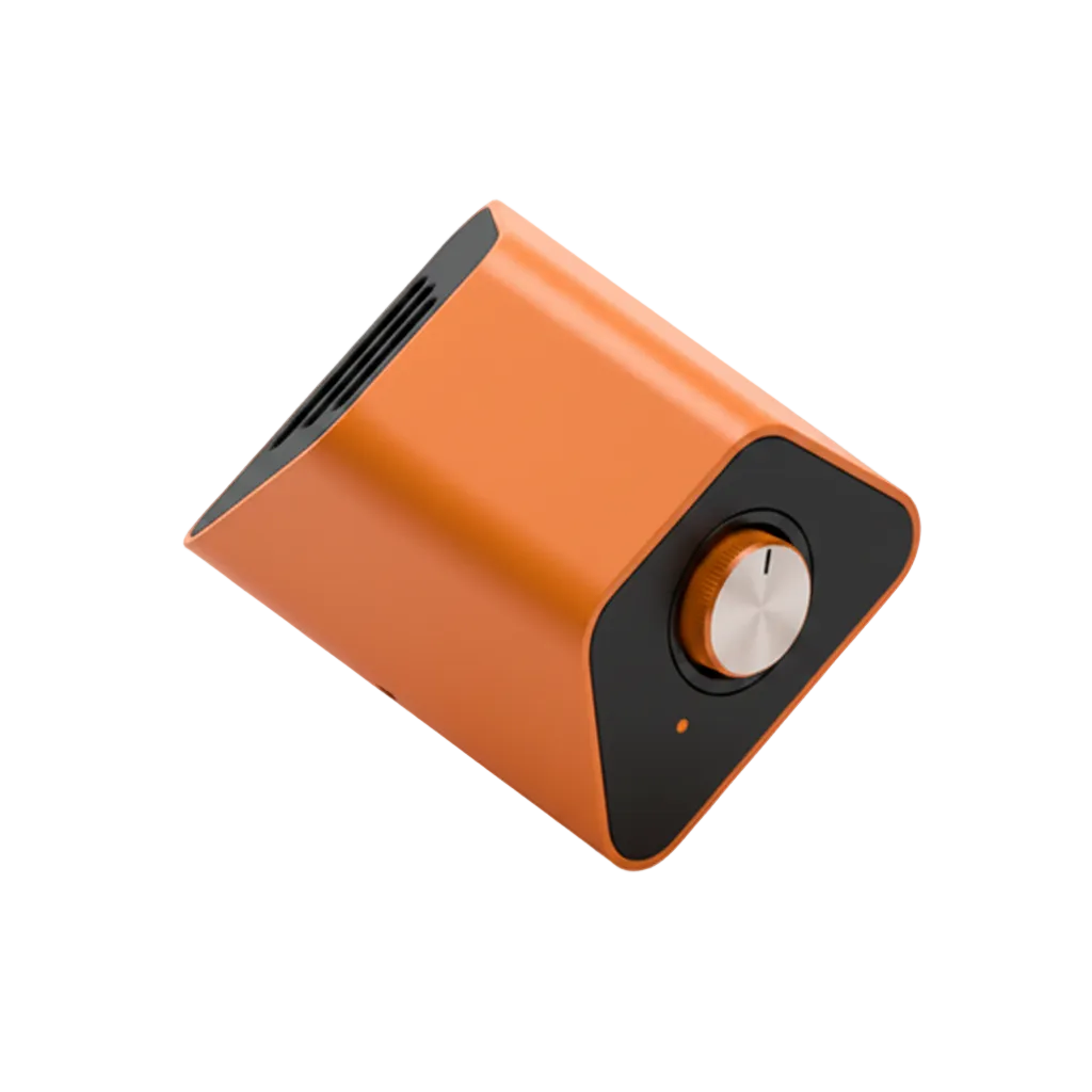 Compact orange wireless condition monitoring vibration sensor with mounting stud on side