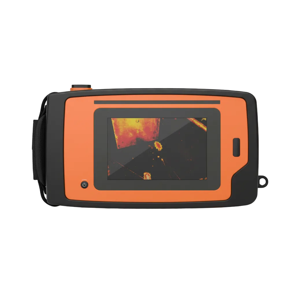 Handheld orange acoustic imaging camera with color sound-map overlay on touchscreen display