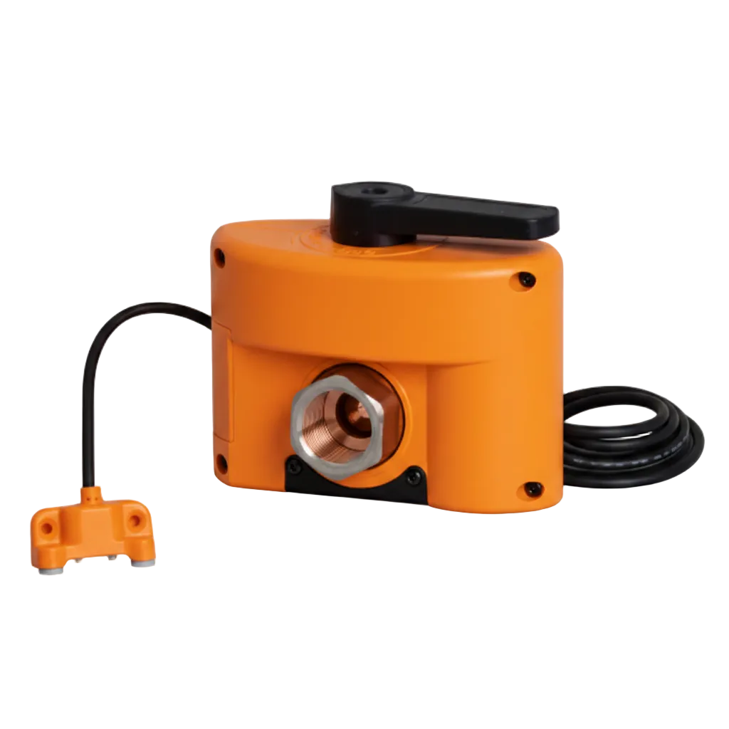 Orange appliance auto leak shutoff valve with manual lever and wired floor sensor