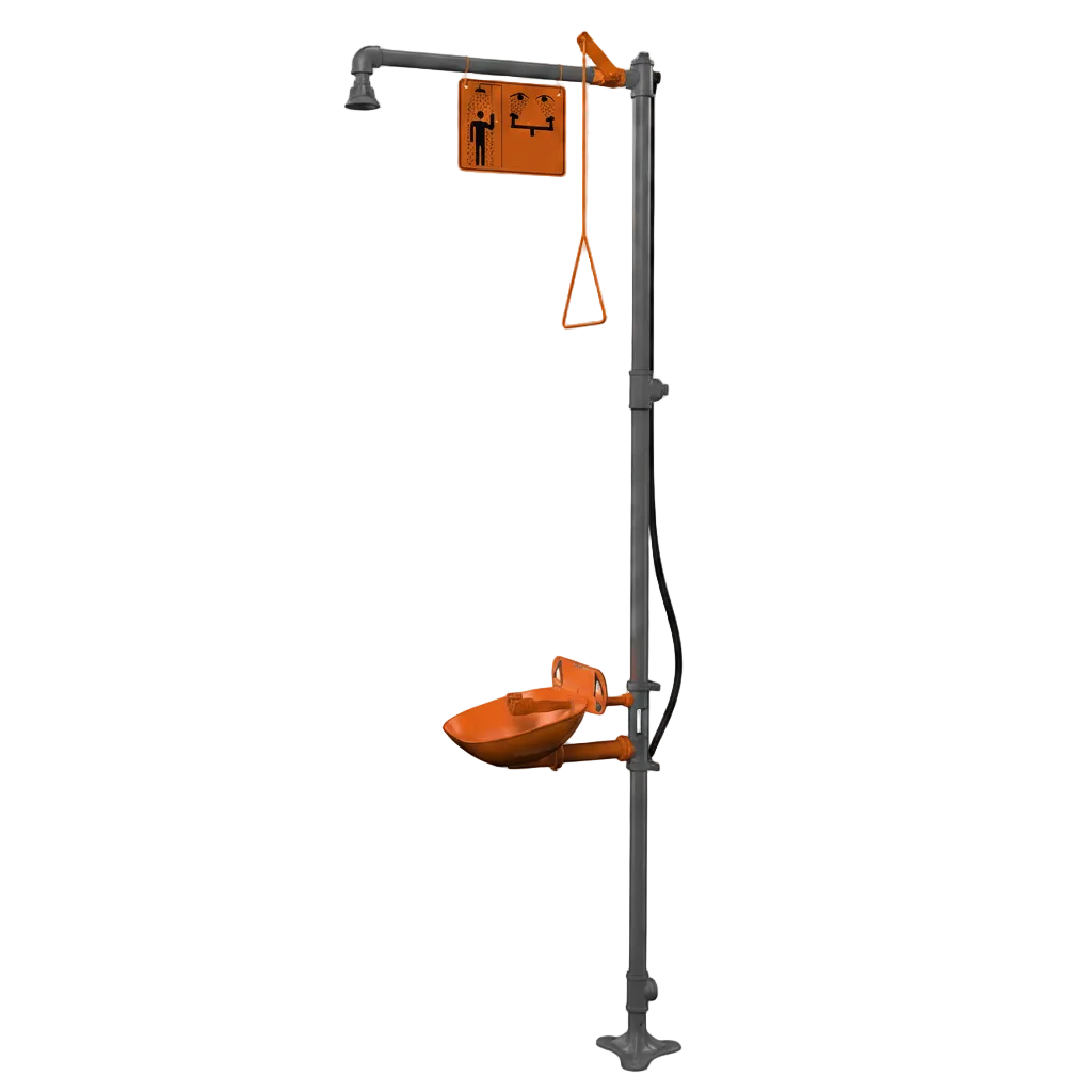 Free-standing combination plumbed safety shower with overhead drench head and bowl eyewash on safety yellow pedestal