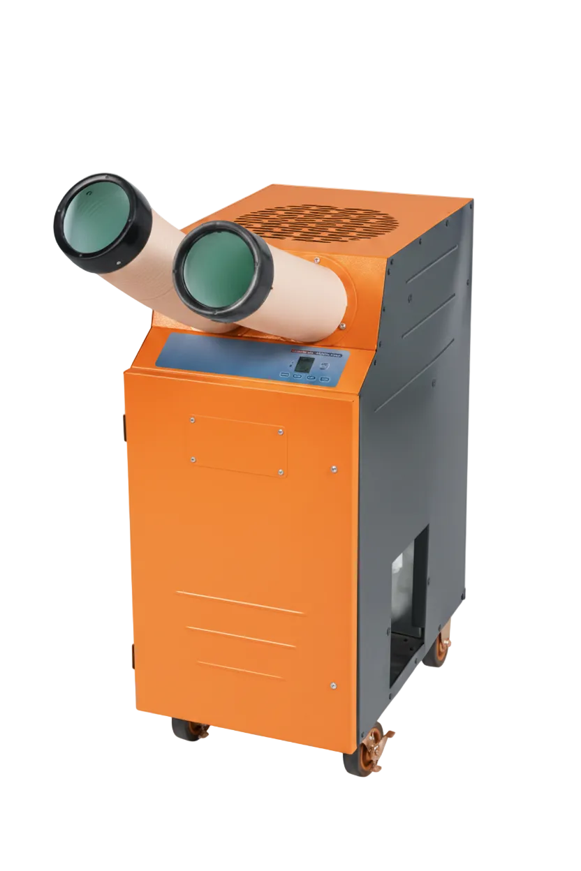 Orange commercial portable spot cooler on casters with dual flexible supply ducts