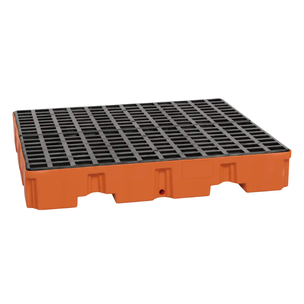 Orange polyethylene 4-drum spill containment pallet with removable black grating