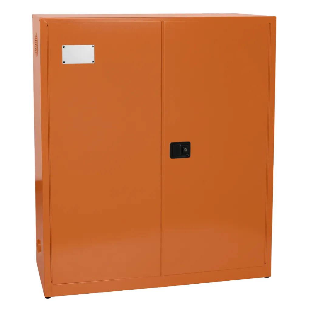 Orange vertical drum safety cabinet with two self-closing doors and label plate