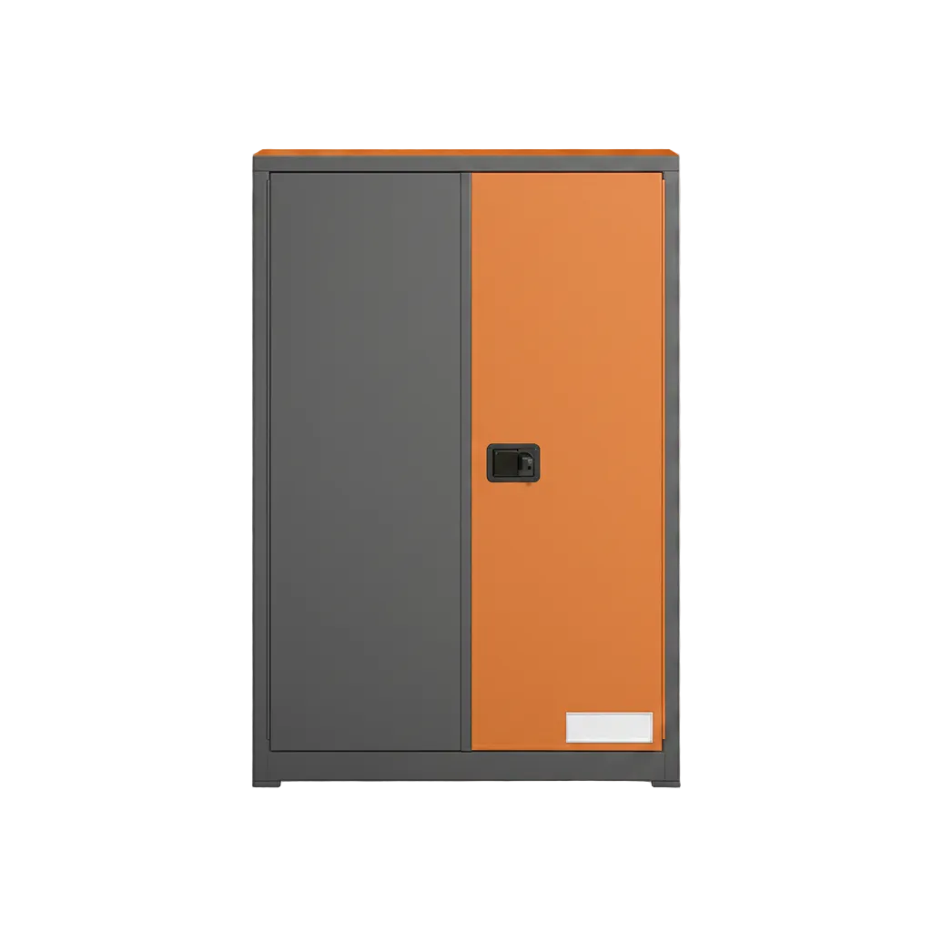 Two-tone gray and orange flammable liquid safety storage cabinet with three-point latch
