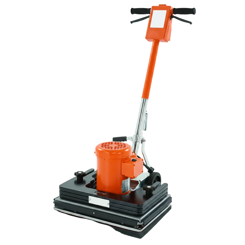 Orange commercial dual-pad floor buffer polisher with rectangular pad housing and adjustable T-bar handle